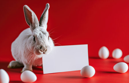 easter bunny and eggs on red surface with blank card.の素材