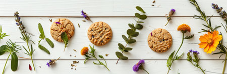 cookies, flowers, herbs and leaves over white wooden background.の素材