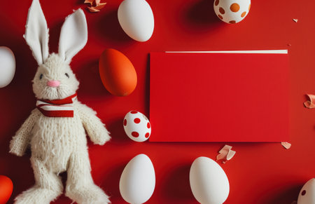 easter bunny and eggs on red surface with blank card.の素材