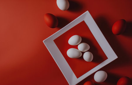 blank blank white card with red and white eggs on red background.の素材