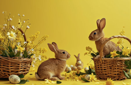 bunnies and easter baskets with flowers.の素材