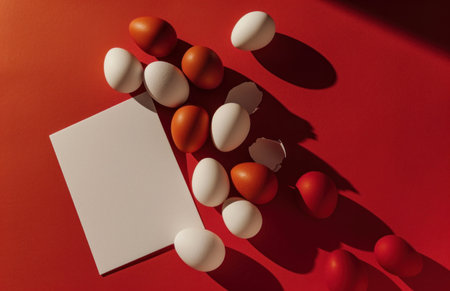 blank blank white card with red and white eggs on red background.の素材