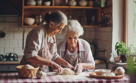 elderly woman helping her elderly daughter make dough.の素材