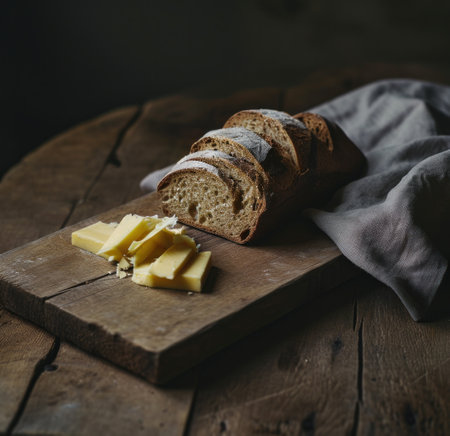 free bread and butter on a wooden board.の素材