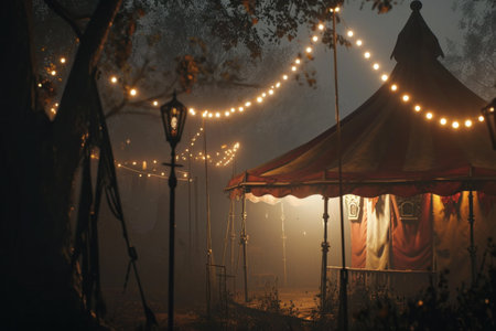 light, lighting and fog, static shot of a circus tent.の素材