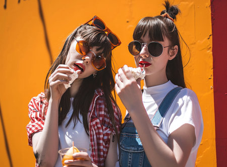 ladies are together eating frozen yogurt.の素材