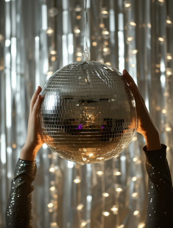 hands holding a disco ball with a light and stars.の素材