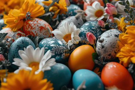 easter eggs placed in an Easter inspired pattern nature.の素材