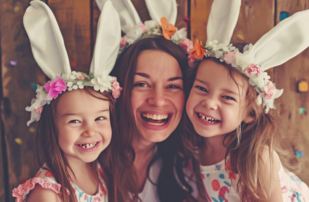 mom and two little daughters enjoying easter with bunny hats on.の素材