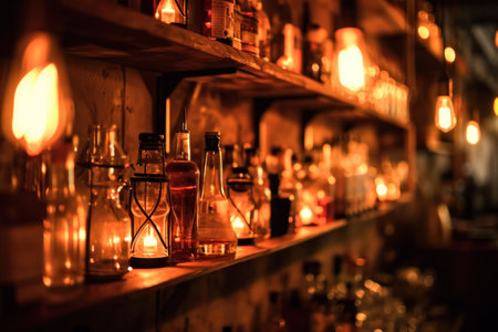 many bottles and lanterns are on the shelves.の素材