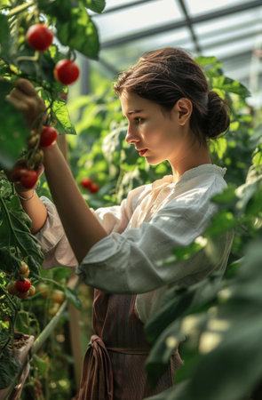 a beautiful female woman is picking up vegetables in a greenhouse.の素材