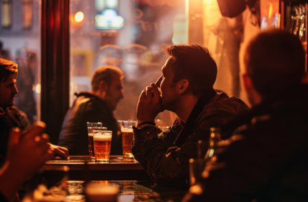 men drinking beer together in a pub.の素材