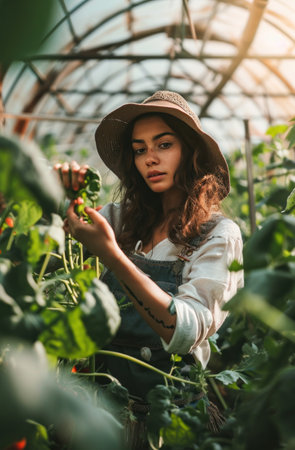 a beautiful female woman is picking up vegetables in a greenhouse.の素材
