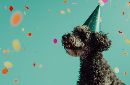 a dog in a party hat on a blue background,animated gifs.の素材