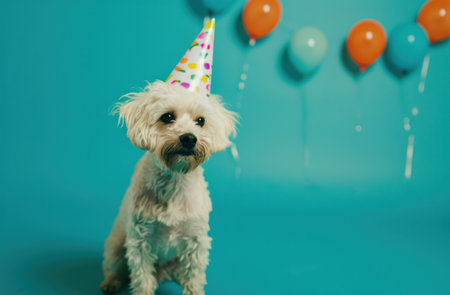 a dog in a party hat on a blue background,animated gifs.の素材