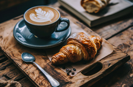 a croissant next to cappuccino is on a wooden tray.の素材