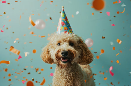 a dog in a party hat on a blue background,animated gifs.の素材
