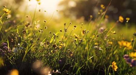 a green and flowery field with sunlight in the background.の素材