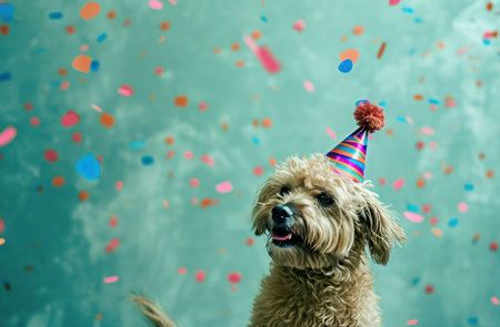 a dog in a party hat on a blue background,animated gifs.の素材