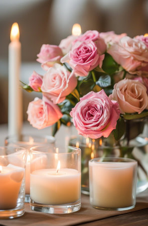 a glass vase is filled with pink roses and several candles.の素材