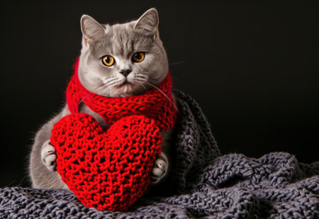 a gray cat holding red heart over black background.の素材