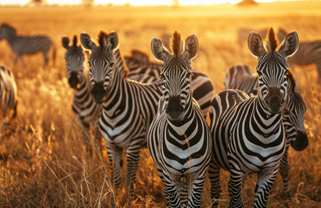 a group of zebras standing in the field at sunset.の素材