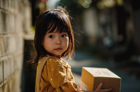 a little girl holding a box.の素材