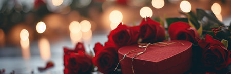 a heart shaped box with red roses and a bag around it.の素材