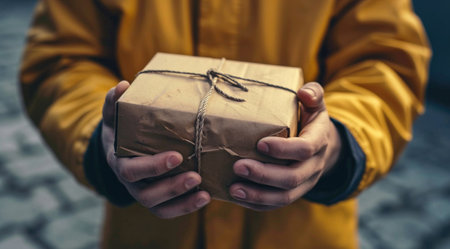a man hold a delivery parcel on their hands.の素材