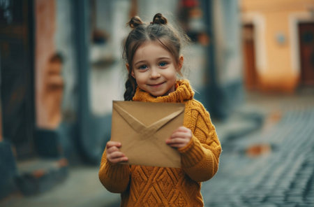a little girl holding an envelope holding it on the street.の素材