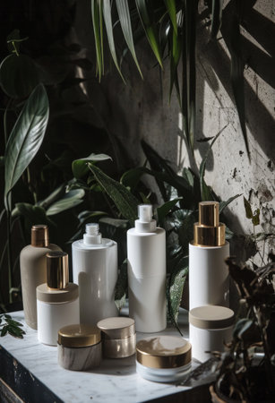 a group of cosmetic products with some plants around them.の素材