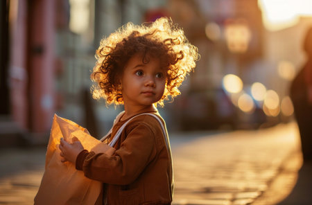 a small girl with curly hair holds a paper package.の素材