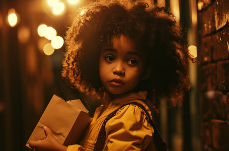 a small girl with curly hair holds a paper package.の素材