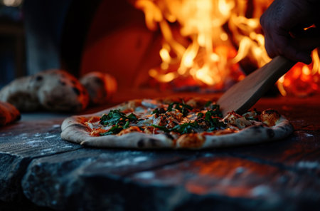 a person is making a pizza using an outdoor oven.の素材