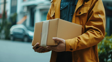a man with a package holding a box.の素材
