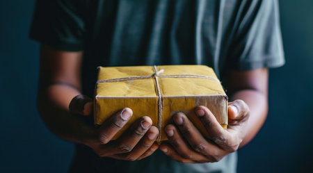 a man hold a delivery parcel on their hands.の素材