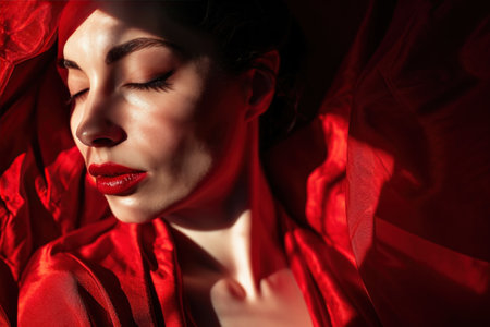 a woman wearing a red outfit and a red lipstick.の素材