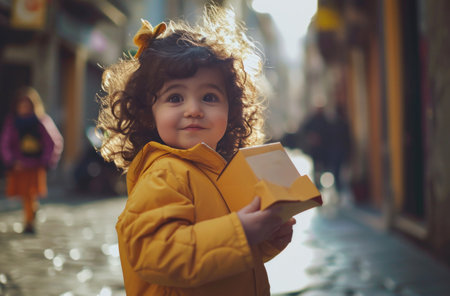 a small girl with curly hair holds a paper package.の素材