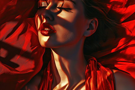 a woman wearing a red outfit and a red lipstick.の素材