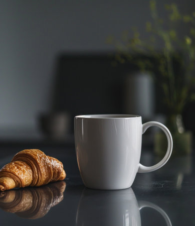 a white coffee cup sitting on a black table next to a croissant.の素材