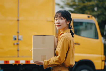 a woman holding a box in front of a delivery truck.の素材