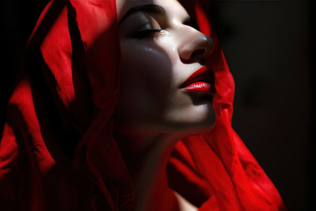 a woman wearing a red outfit and a red lipstick.の素材