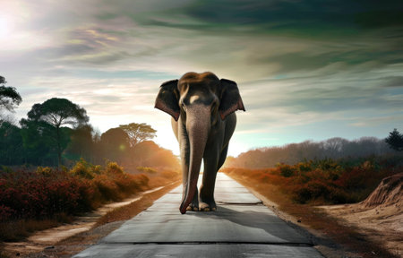 a young elephant walking down the road beside a scenic sunset.の素材