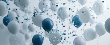balloons on a white background and blue and white confetti.の素材