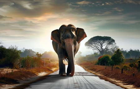 an elephant walking along the road.の素材