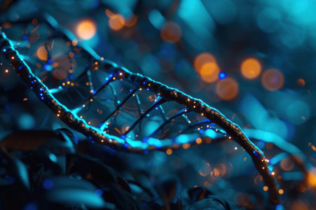 an image of dna strand with blue lights.の素材