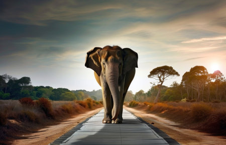 an elephant walking along the road.の素材