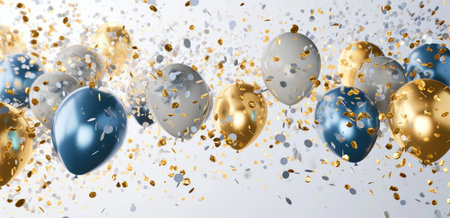 blue confetti and gold balloons floating in the air.の素材