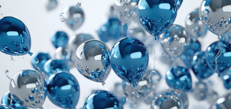 blue and silver balloons falling off a white background.の素材