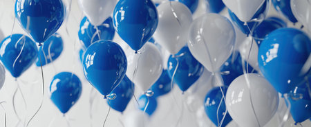 blue and white colorful balloons fly on a white background.の素材